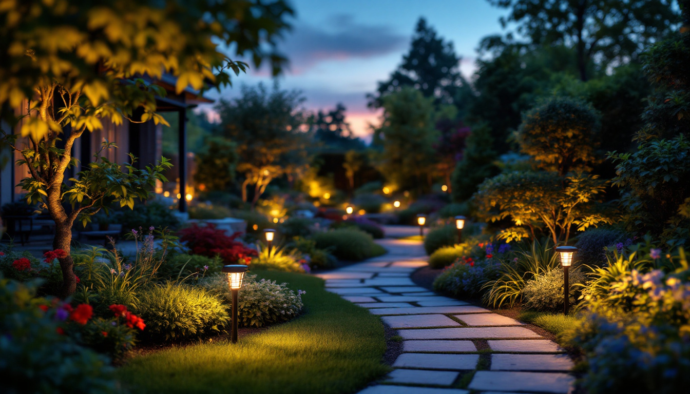 A photograph of a beautifully illuminated garden scene at dusk