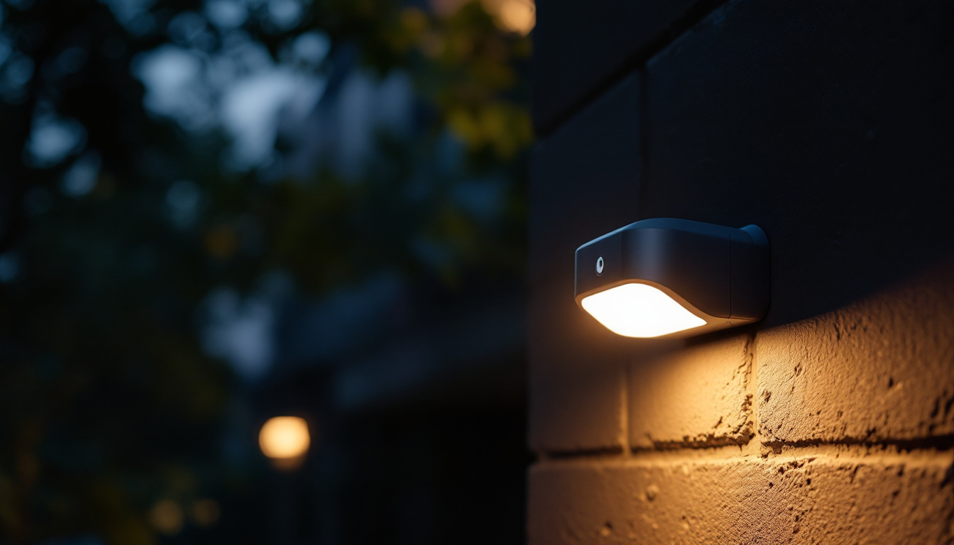A photograph of a sleek movement detector light installed in a well-lit outdoor setting at dusk