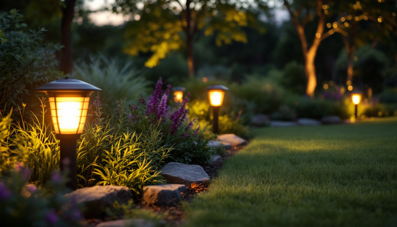 A photograph of capture a photograph of a beautifully landscaped outdoor space illuminated by stylish solar lighting fixtures at dusk