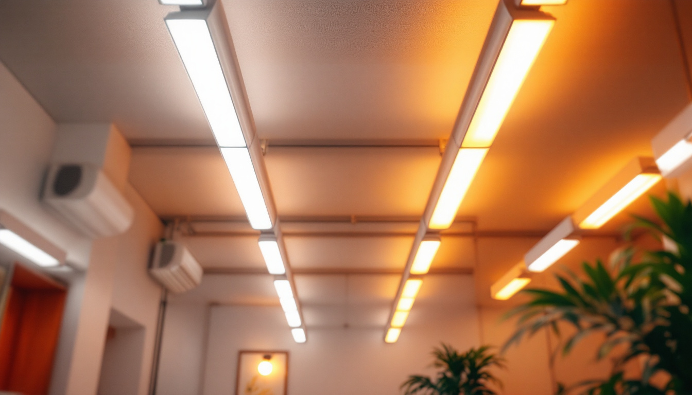 A photograph of a well-lit room featuring various fluorescent light fixtures in use