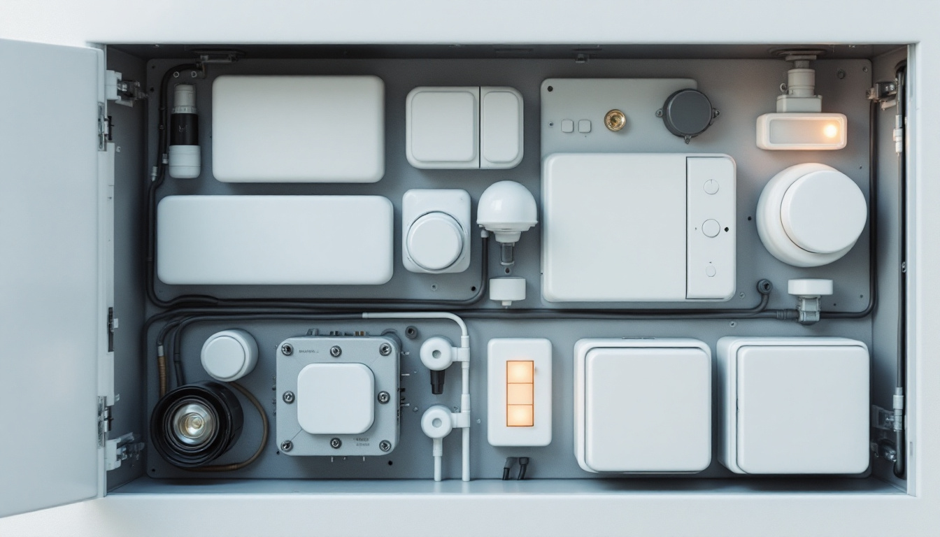 A photograph of a well-organized electrical box with various types of covers and lighting fixtures