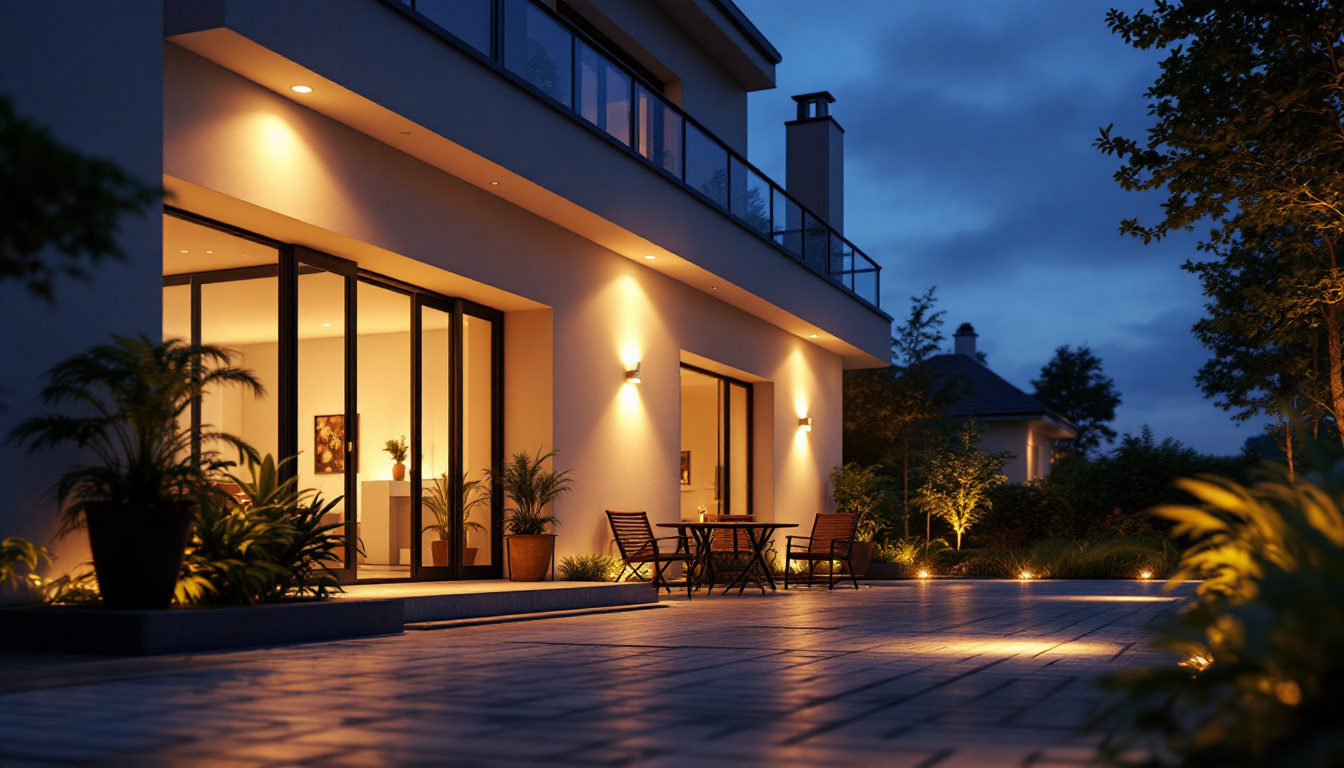 A photograph of a beautifully illuminated exterior space featuring motion-activated lights in action
