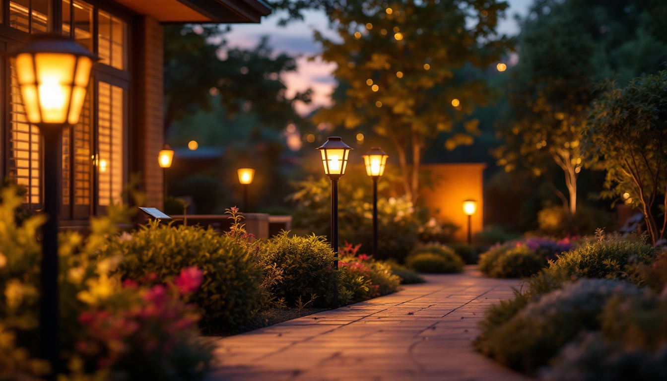 A photograph of a vibrant outdoor scene illuminated by solar lights at dusk