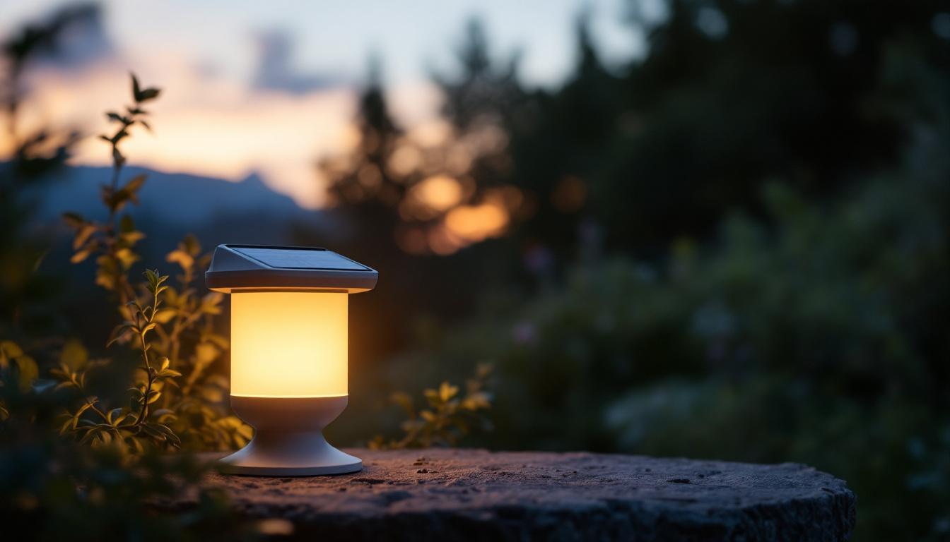 A photograph of a beautifully designed solar lamp illuminating a cozy outdoor setting at dusk