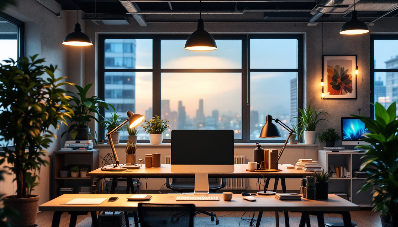 A photograph of a well-lit office space showcasing a variety of lighting options