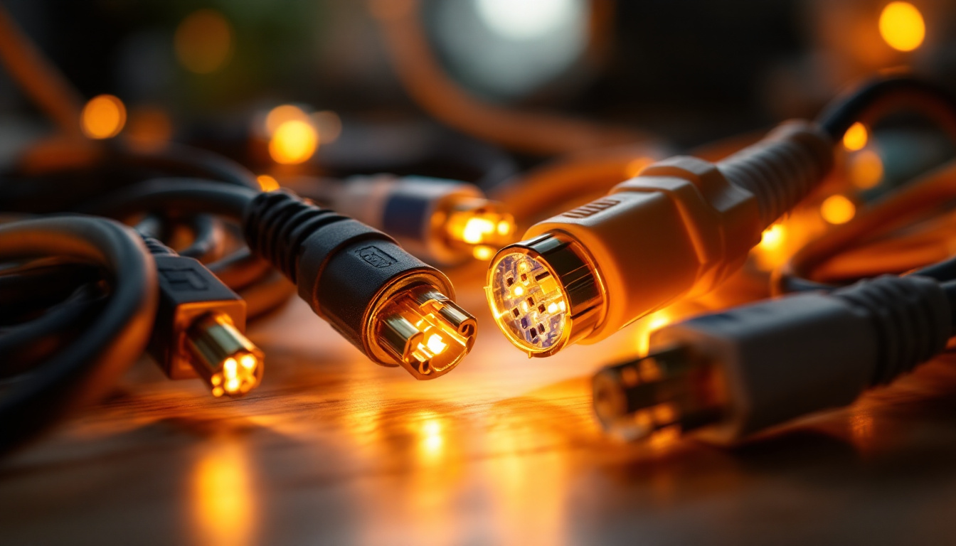 A photograph of a close-up shot of various types of electrical cords and their connectors