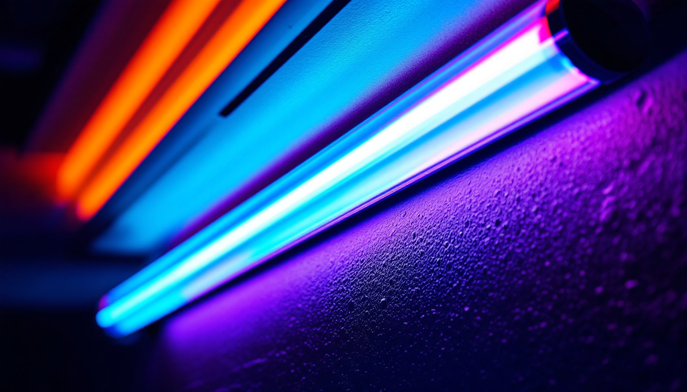 A photograph of capture a photograph of a vibrant fluorescent light fixture illuminating a modern workspace