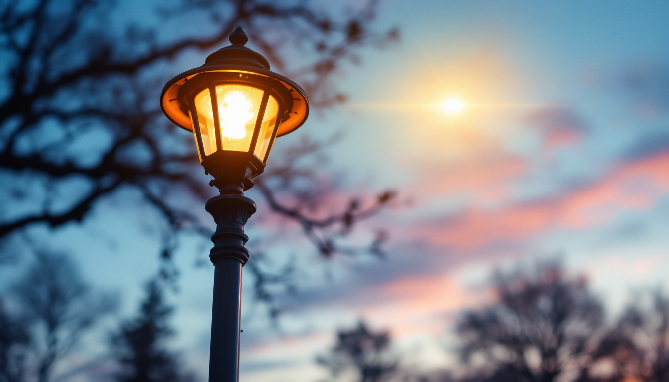 A photograph of a beautifully illuminated outdoor light pole in a scenic setting