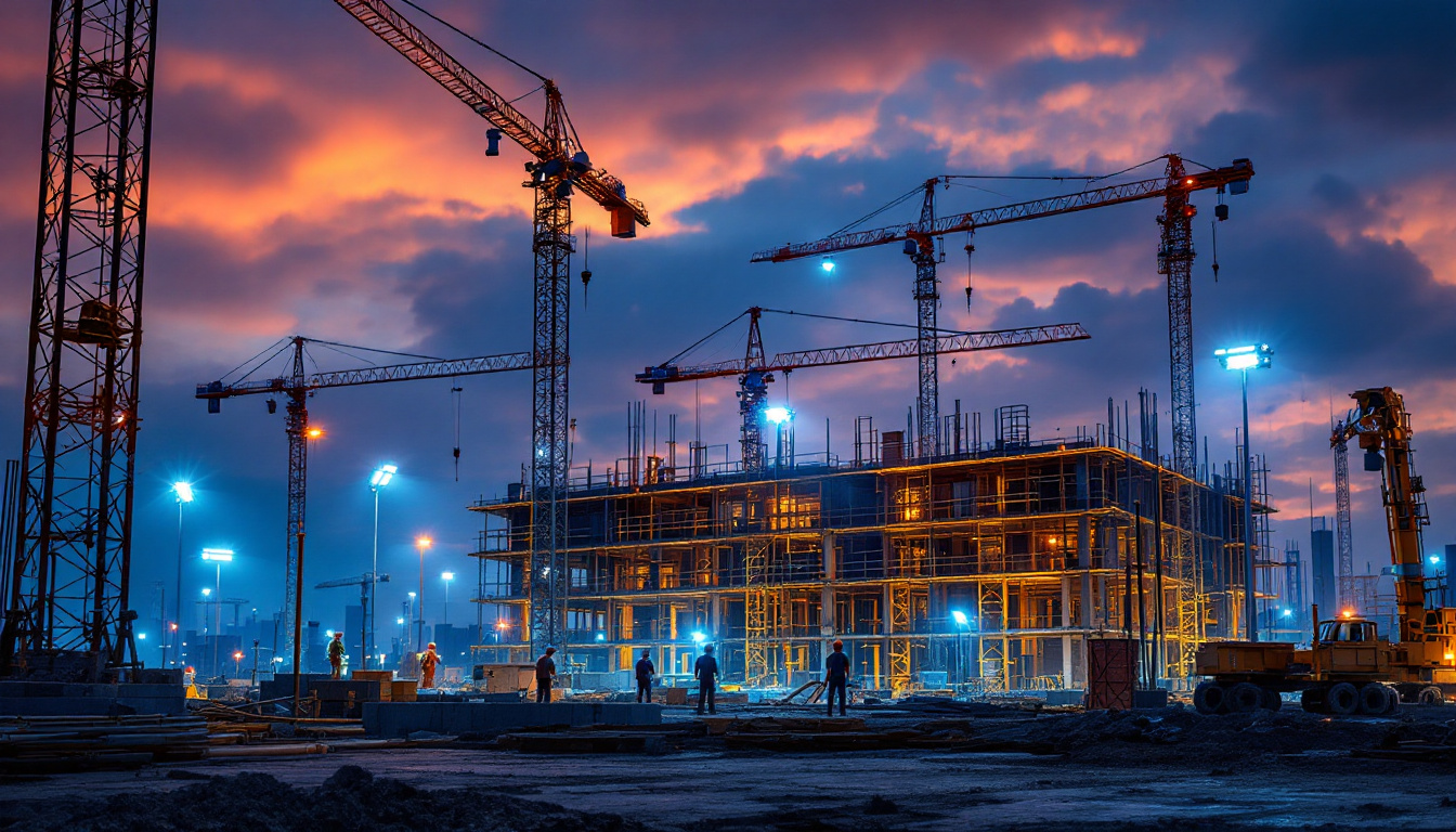 A photograph of a construction site illuminated by various types of construction lights