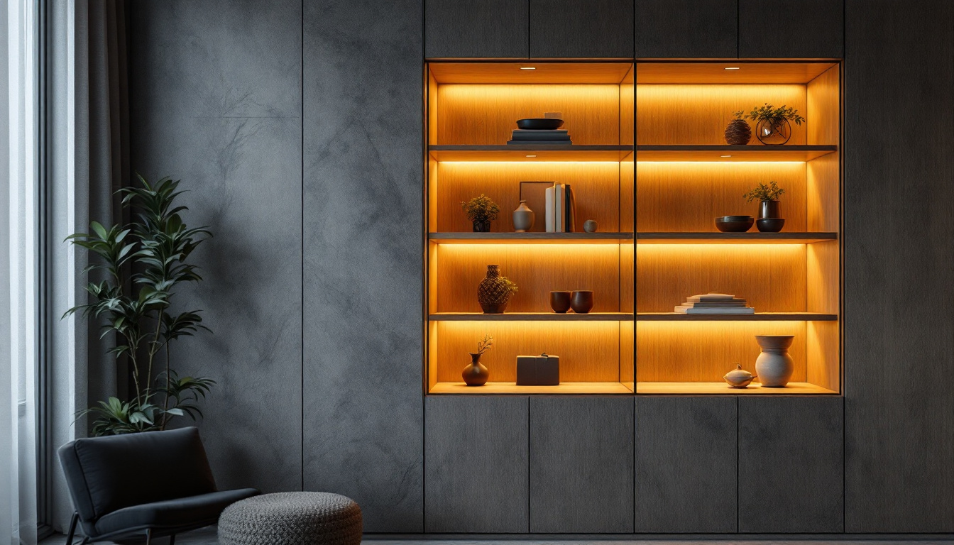 A photograph of a stylishly designed cabinet with integrated lighting