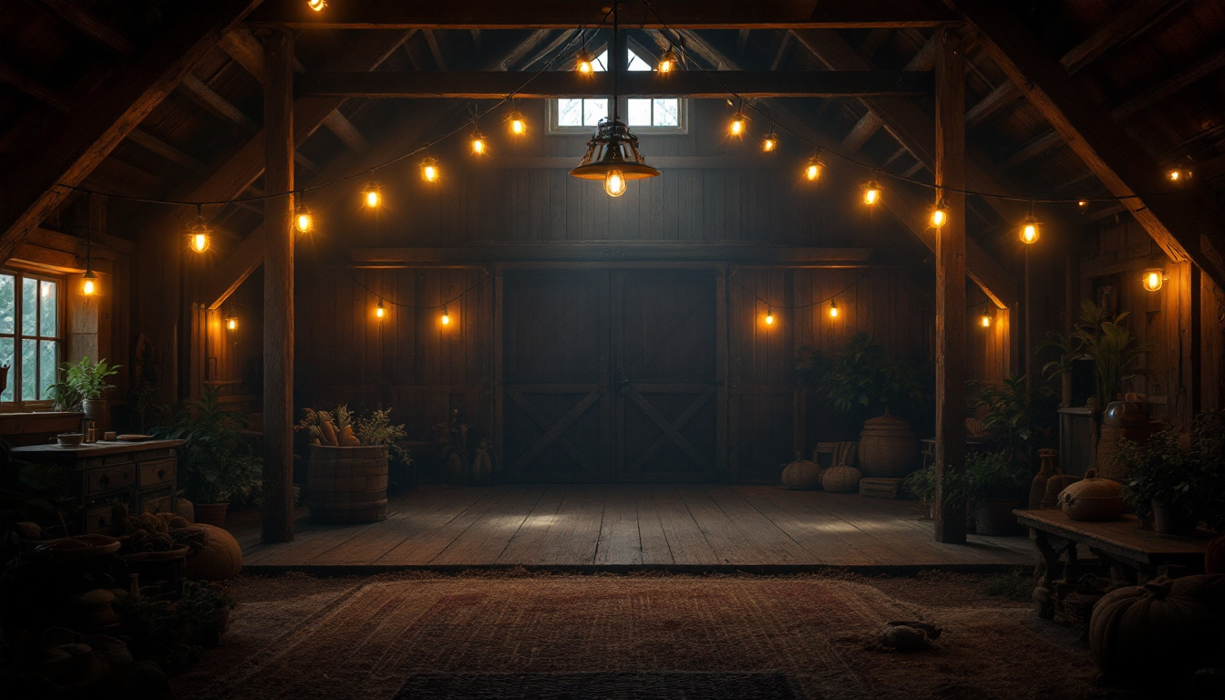 A photograph of a rustic barn setting illuminated by warm
