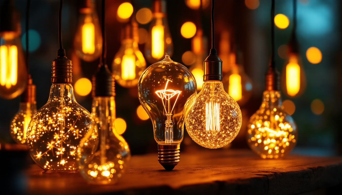 A photograph of a beautifully arranged display of various decorative light bulbs in different shapes and sizes