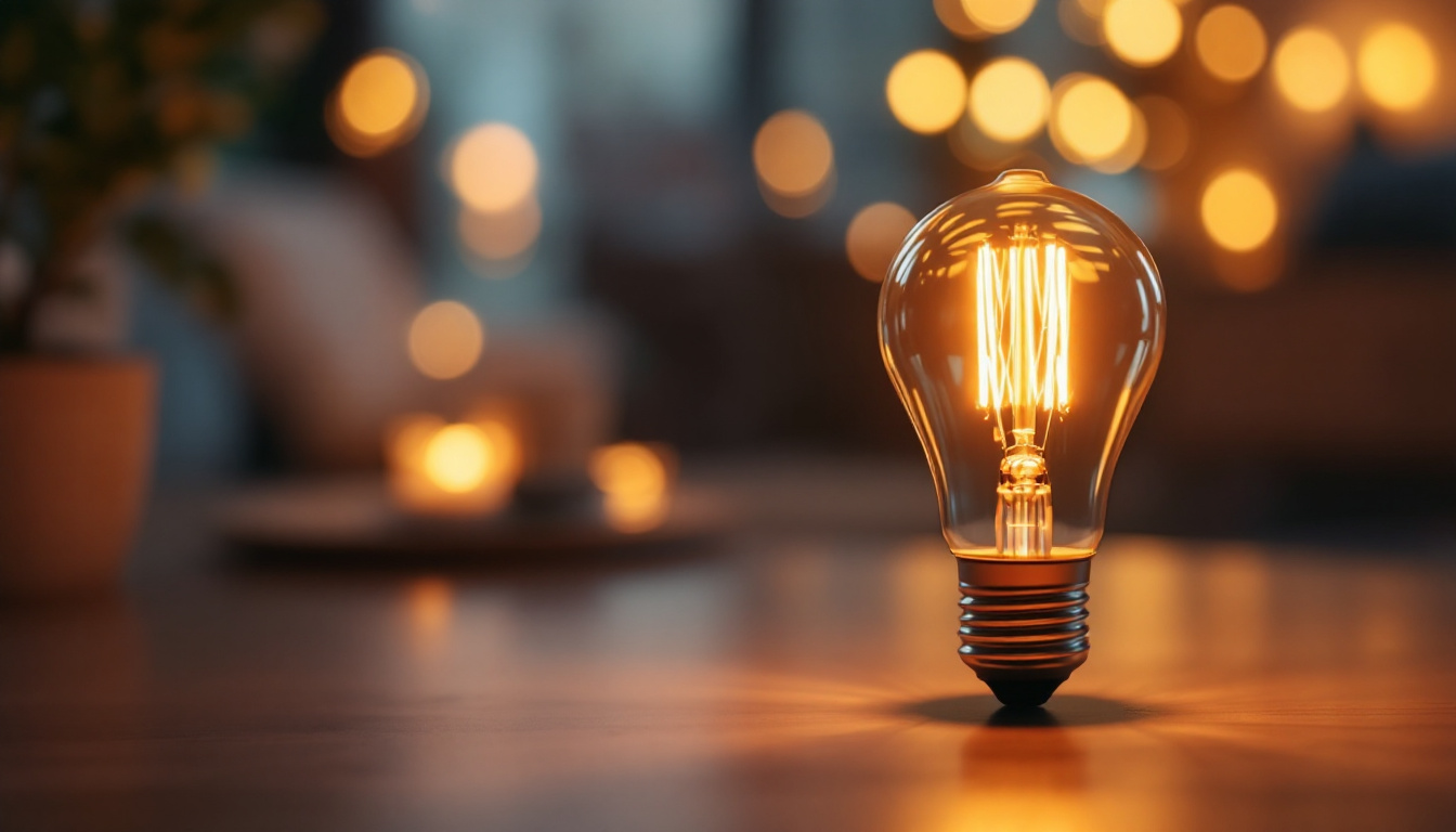 A photograph of a type a bulb illuminated in a cozy home setting