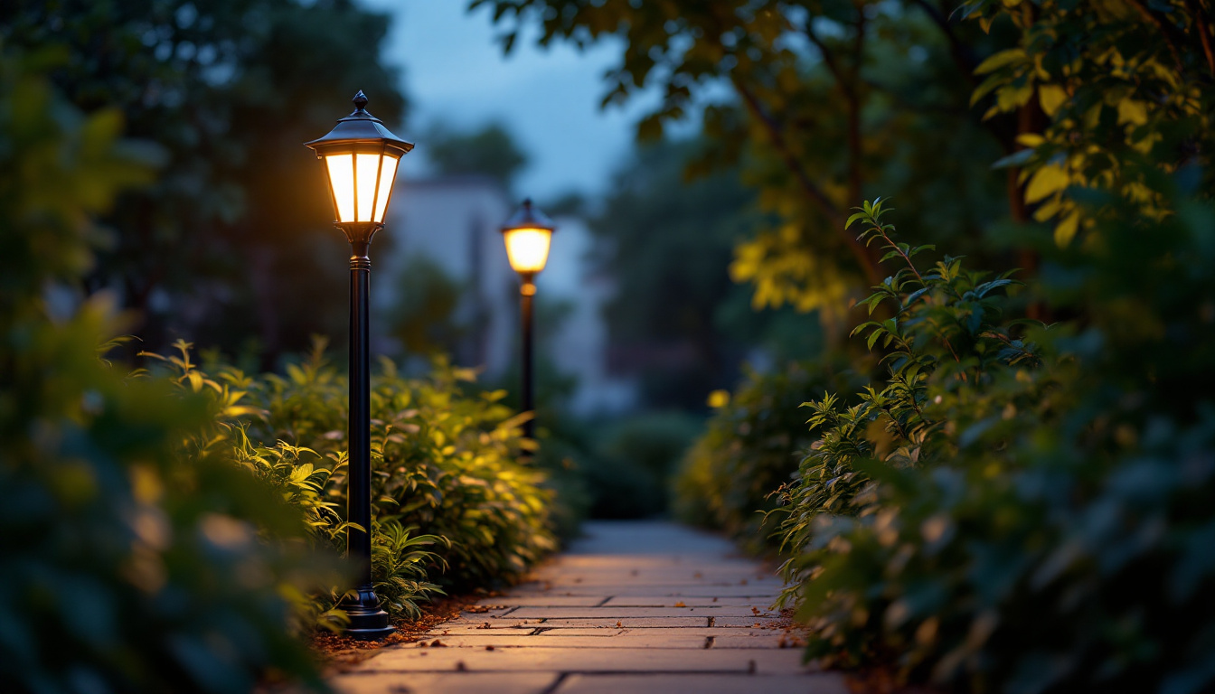 A photograph of capture a photograph of an elegant outdoor solar lamp post illuminating a garden pathway at dusk
