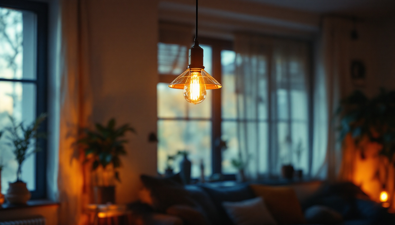A photograph of a stylish ceiling lamp illuminating a cozy room