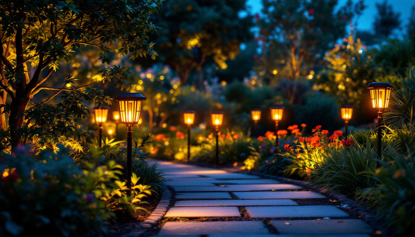 A photograph of a beautifully illuminated garden at dusk