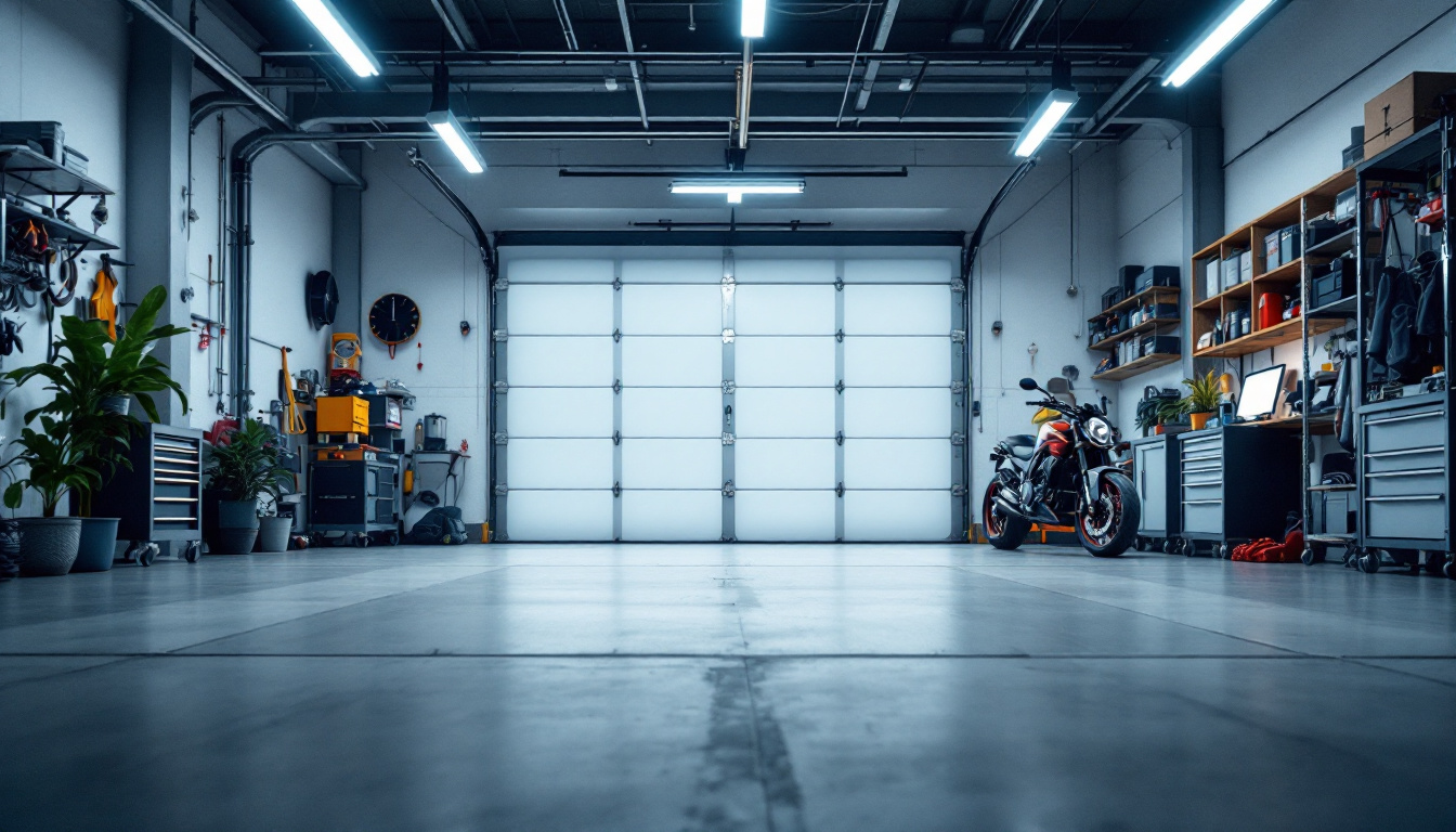 A photograph of a well-lit garage featuring led fluorescent garage-ready high lumen bulbs