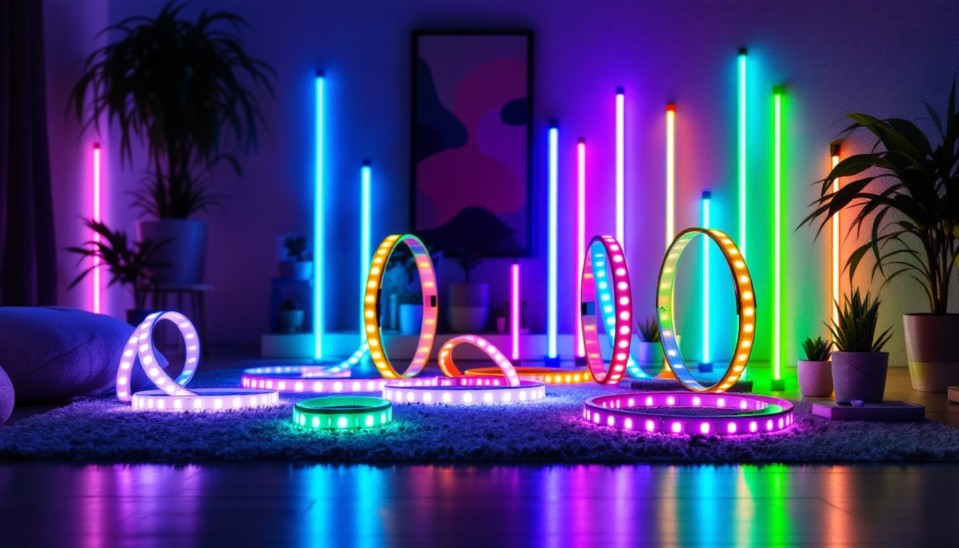 A photograph of a vibrant array of led lighting strips in various colors and configurations