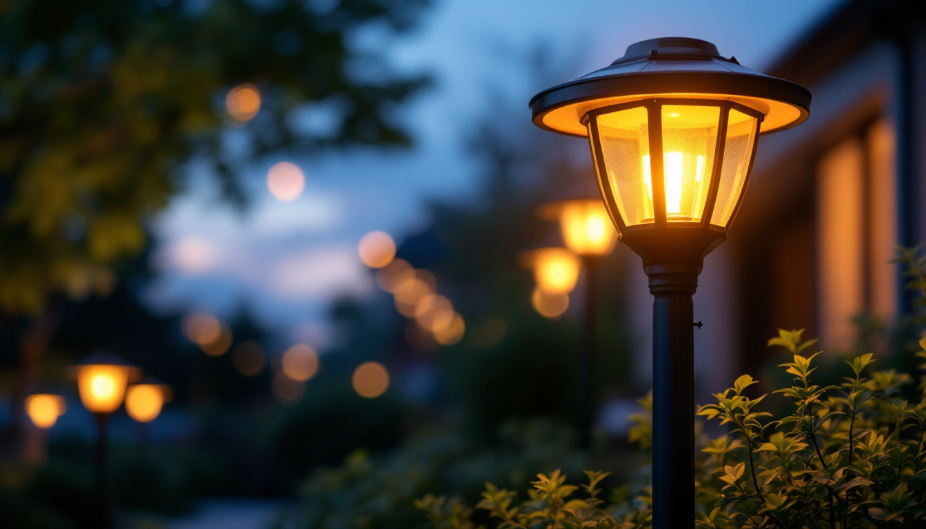 A photograph of a beautifully designed solar lamp and post illuminated at dusk