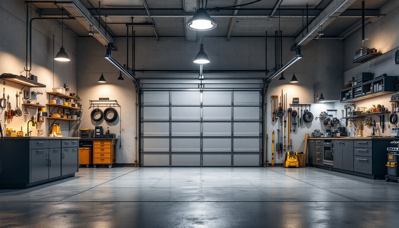 A photograph of a well-lit garage showcasing various lighting options