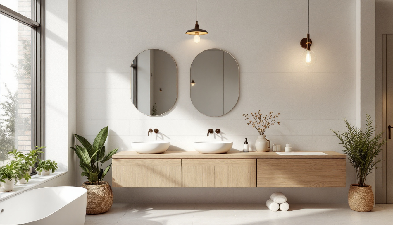 A photograph of a beautifully styled bathroom showcasing various lighting fixtures