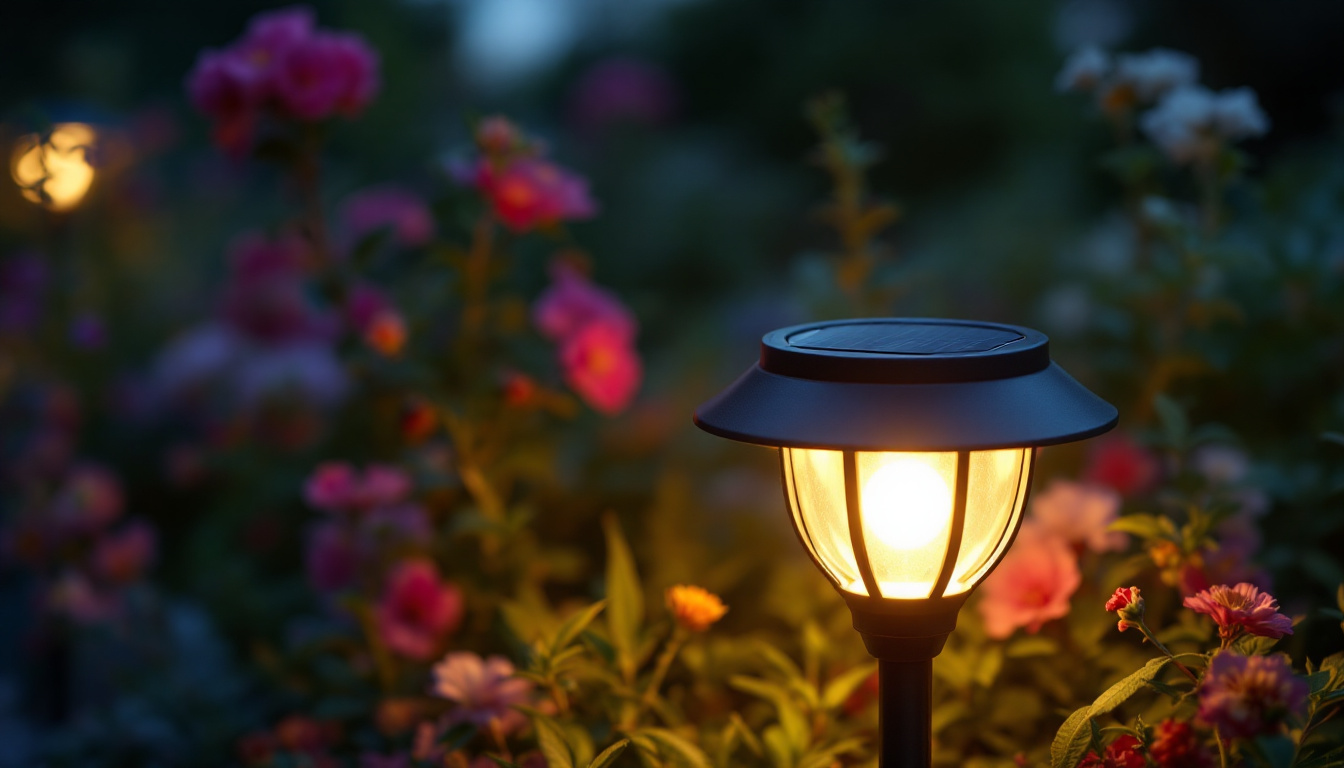 A photograph of a beautifully illuminated solar garden light in a lush garden setting during twilight