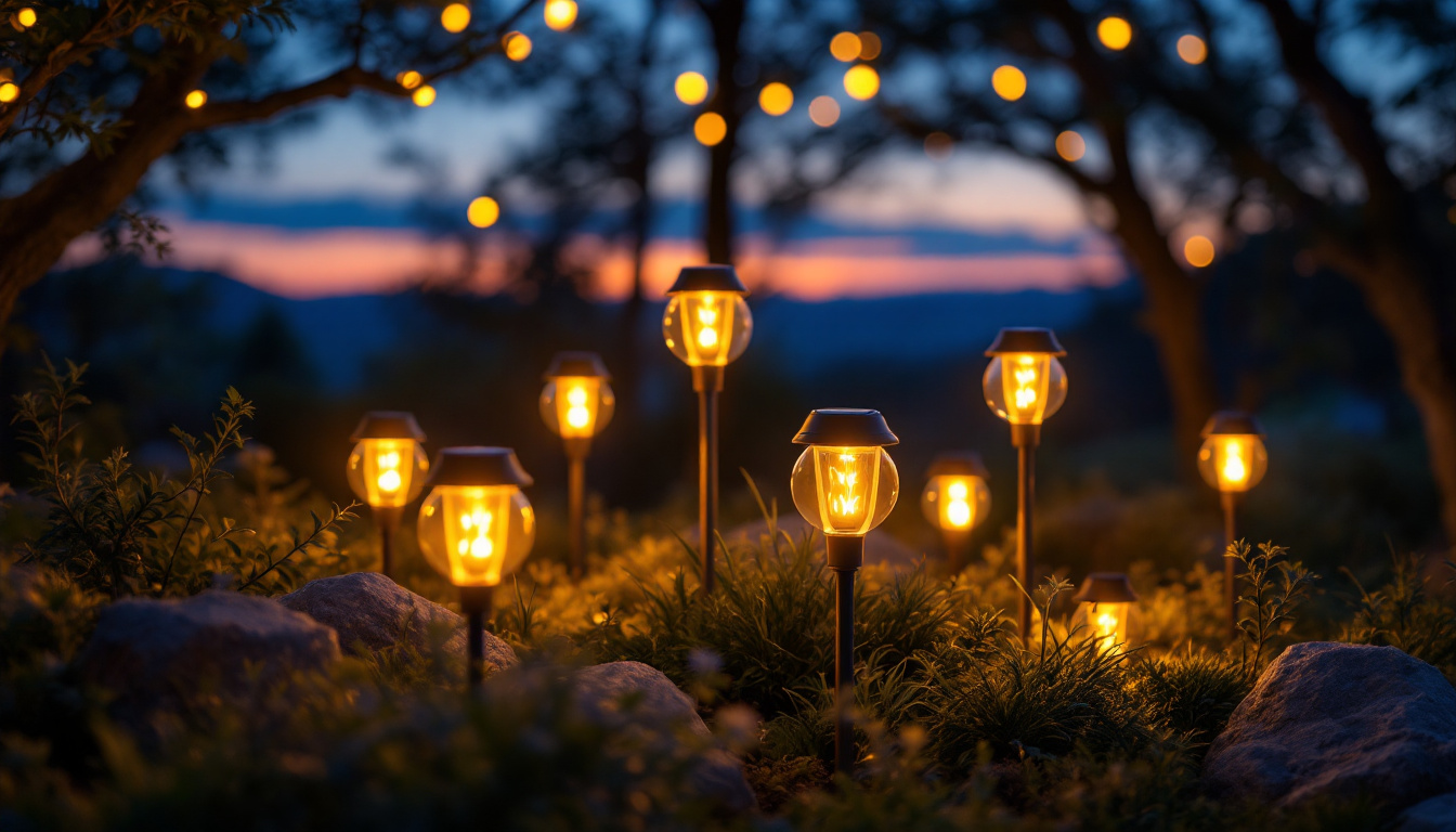 A photograph of a serene outdoor setting illuminated by various solar-powered lights at dusk