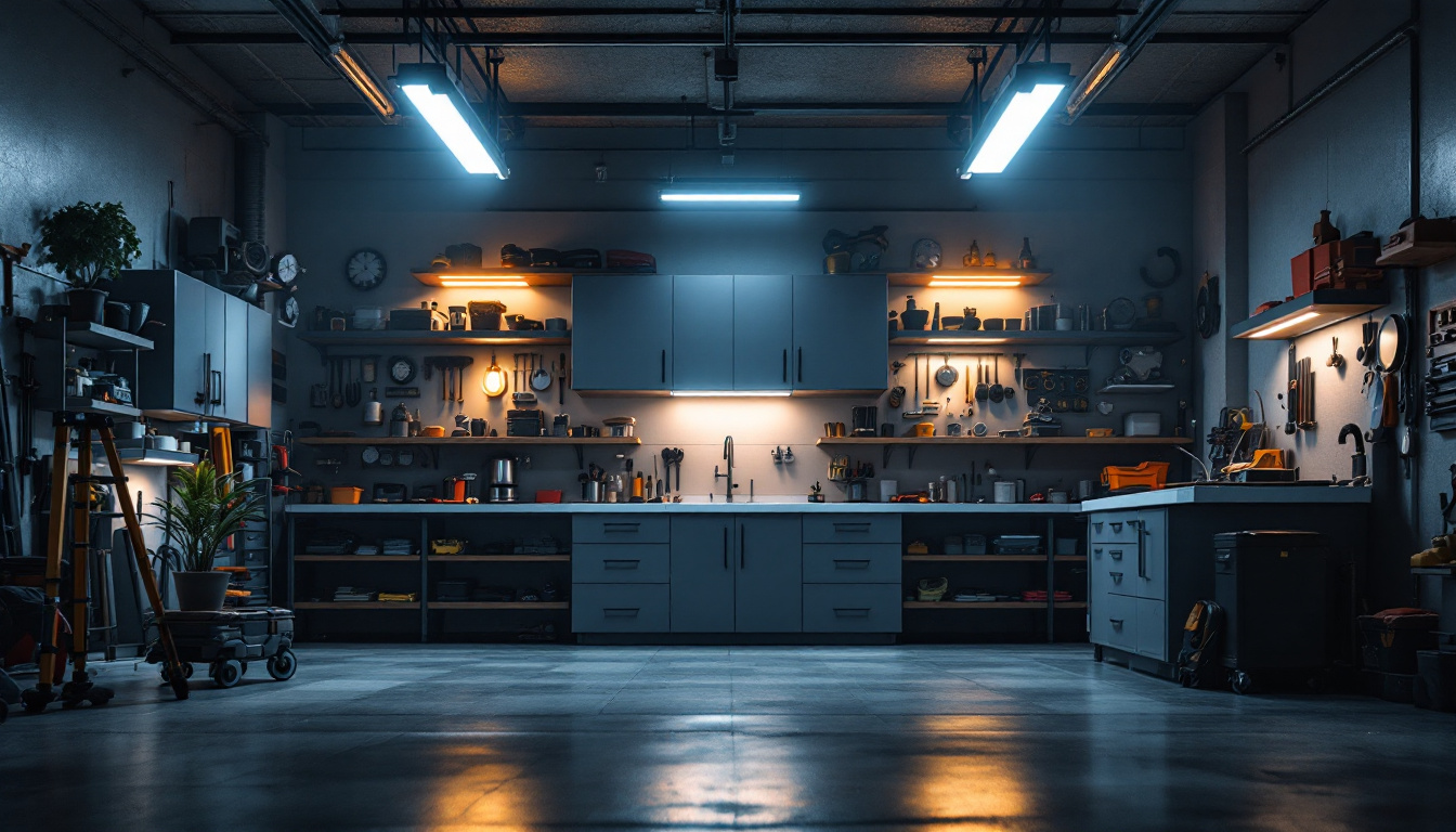 A photograph of a well-lit garage featuring various led lighting options