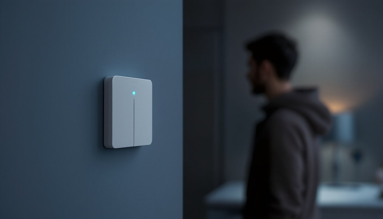 A photograph of a modern motion sensor switch installed on a wall
