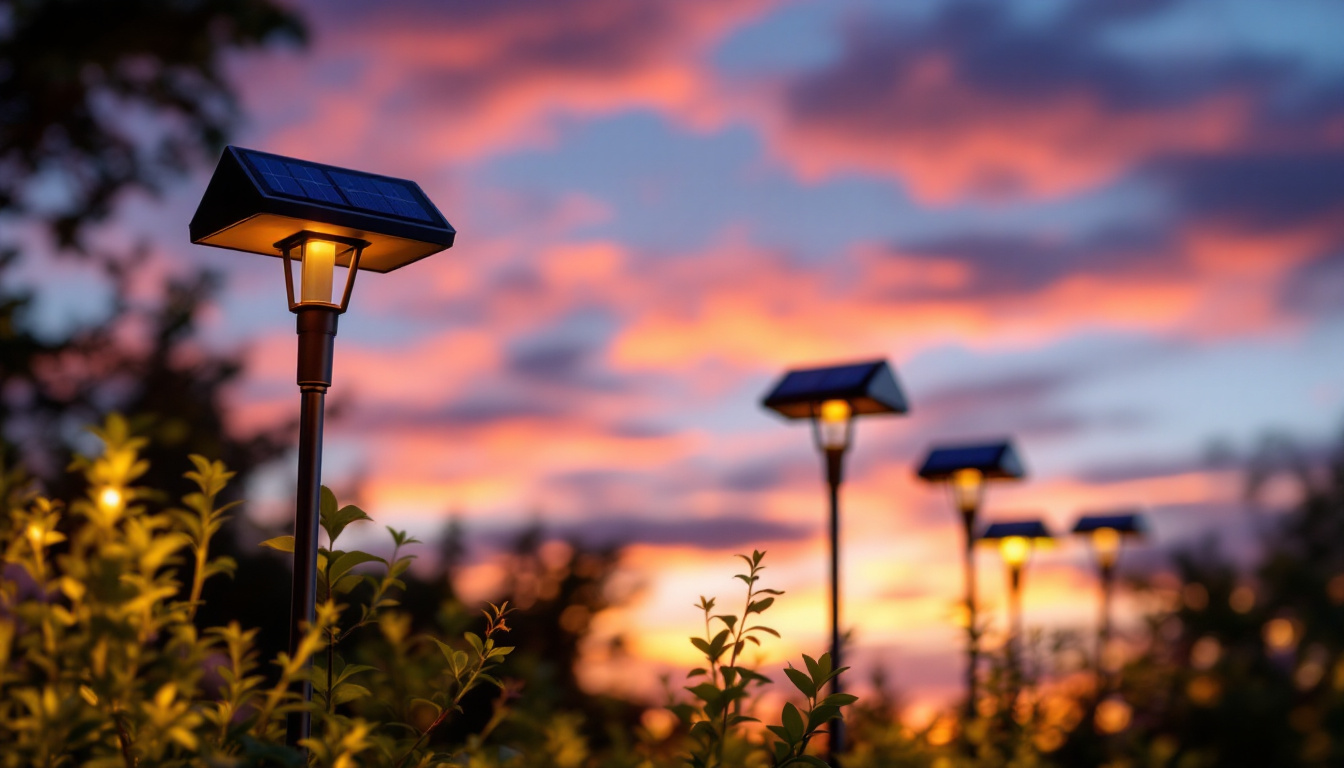 A photograph of capture a photograph of a beautifully landscaped outdoor setting illuminated by various styles of solar lights at dusk