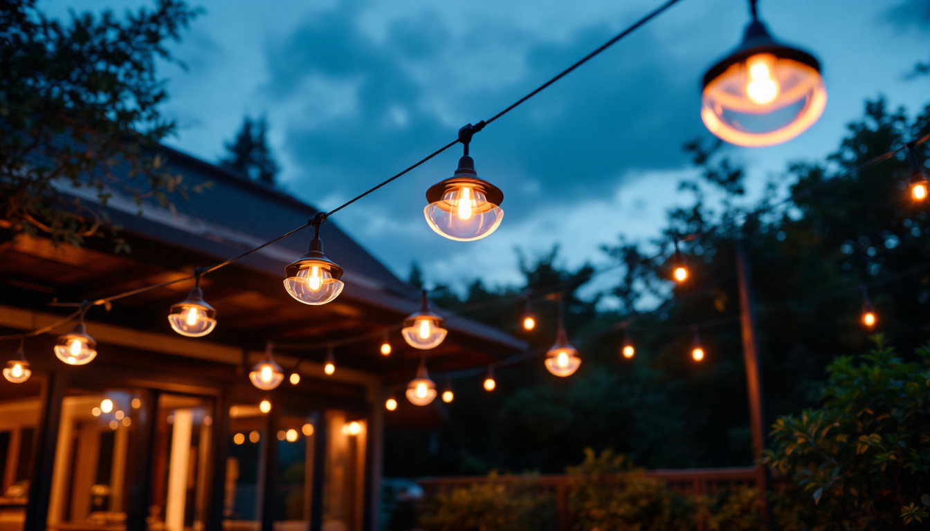 A photograph of a beautifully designed outdoor space featuring stylish exterior ceiling lights illuminated at dusk