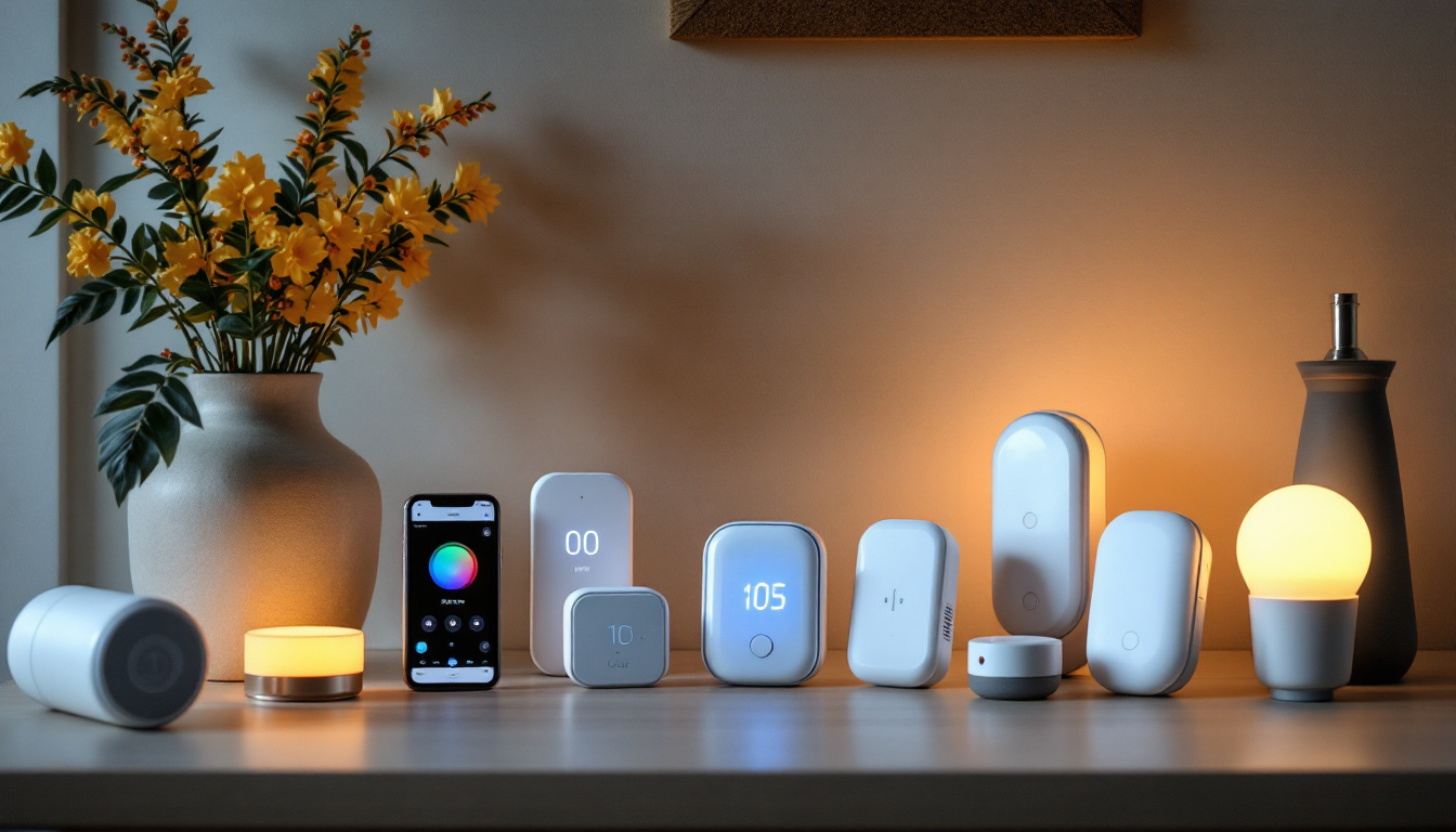A photograph of a beautifully arranged scene featuring various types of light timers and smart lighting devices in a stylish home setting