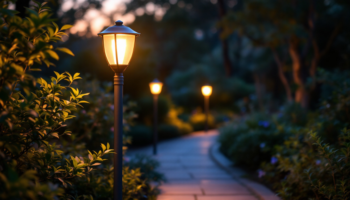 A photograph of capture a photograph of a beautifully illuminated exterior post light in a serene outdoor setting during twilight