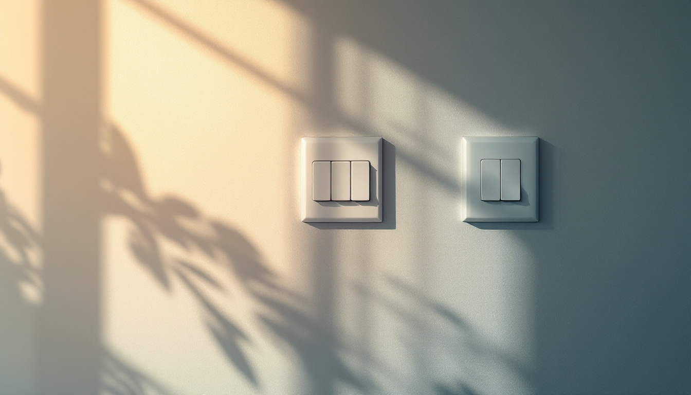 A photograph of a well-lit interior space featuring three three-way light switches