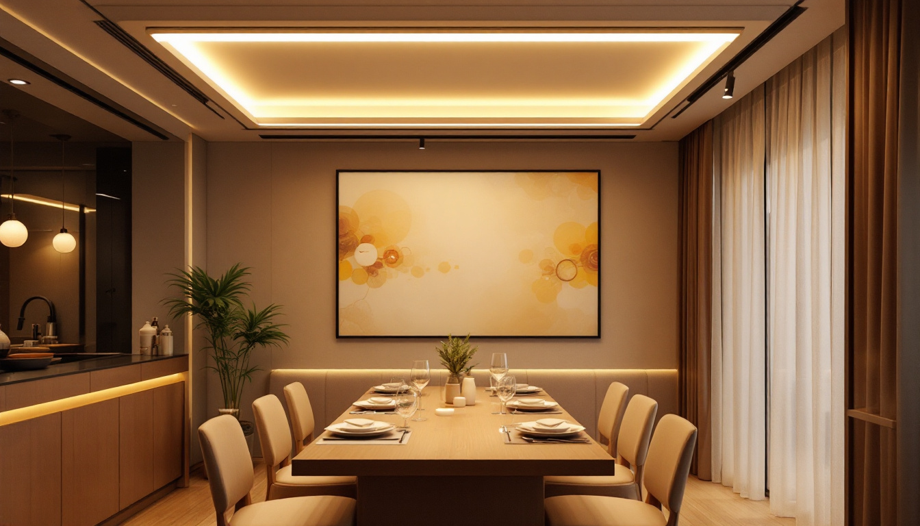 A photograph of a stylish dining room featuring a sleek led flat ceiling light