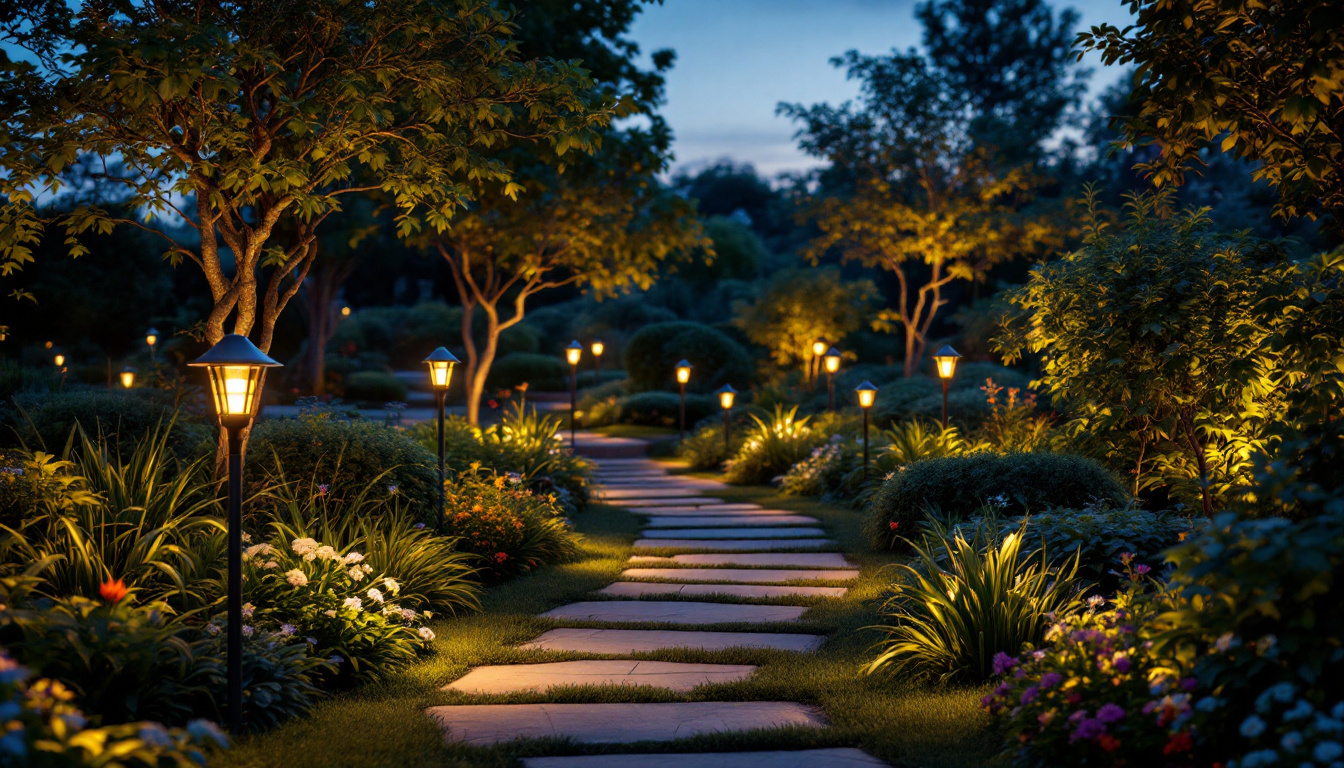 A photograph of a beautifully lit garden at dusk