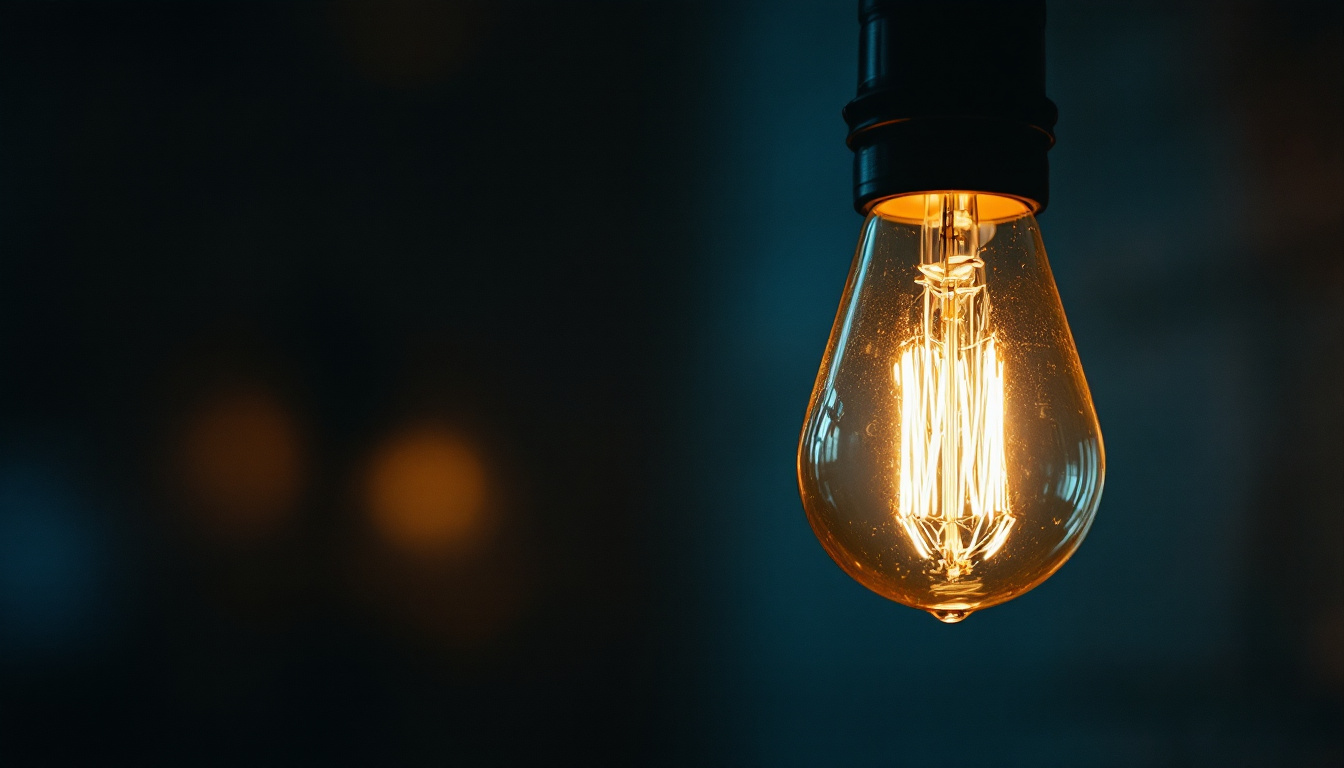 A photograph of a close-up of a flickering light bulb in a dimly lit environment
