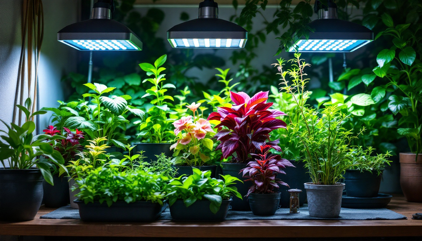 A photograph of a well-lit indoor gardening setup featuring various hydroponic plants under different types of grow lights