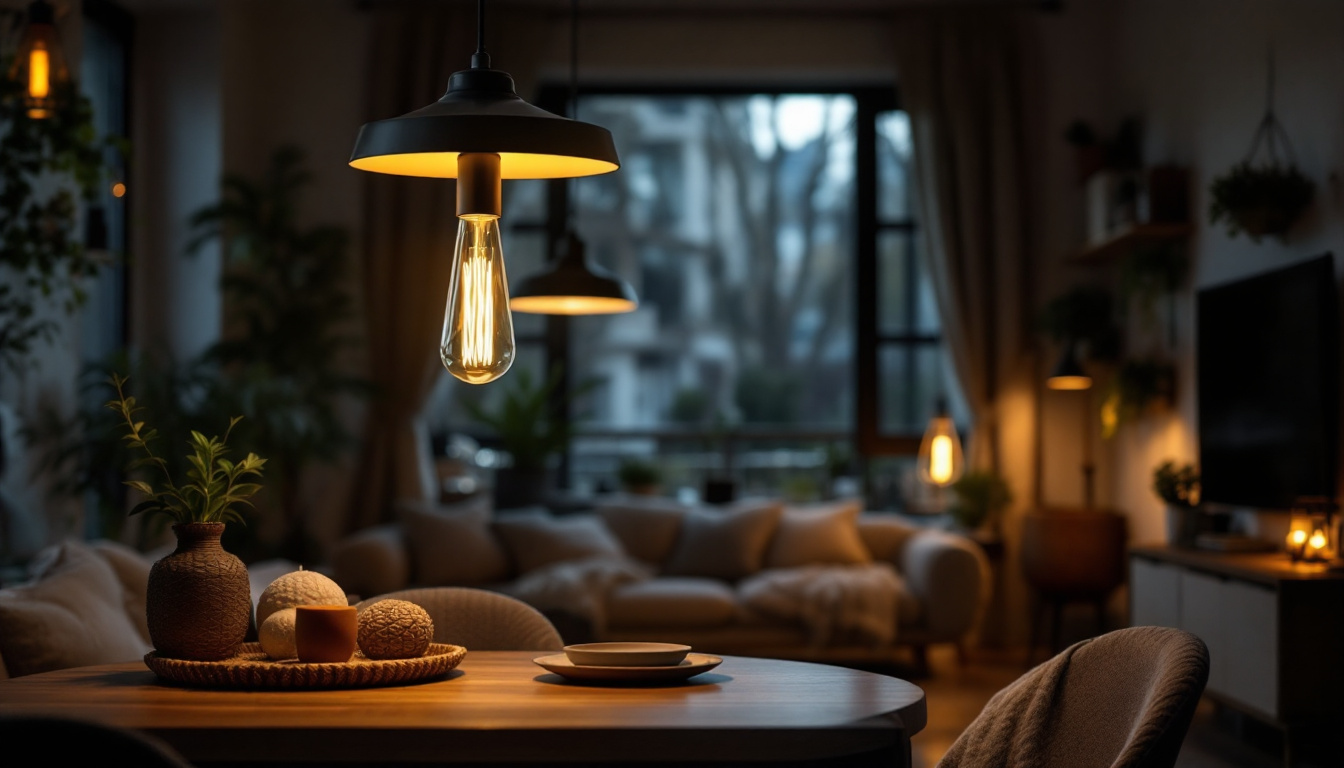 A photograph of a stylish and modern light fixture illuminated in a cozy living space