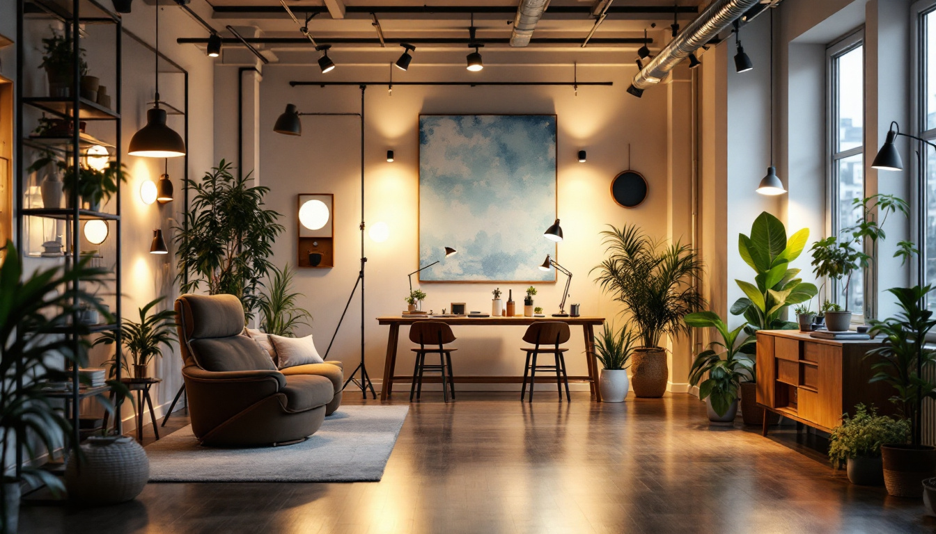 A photograph of a beautifully lit indoor space showcasing various lighting fixtures in use