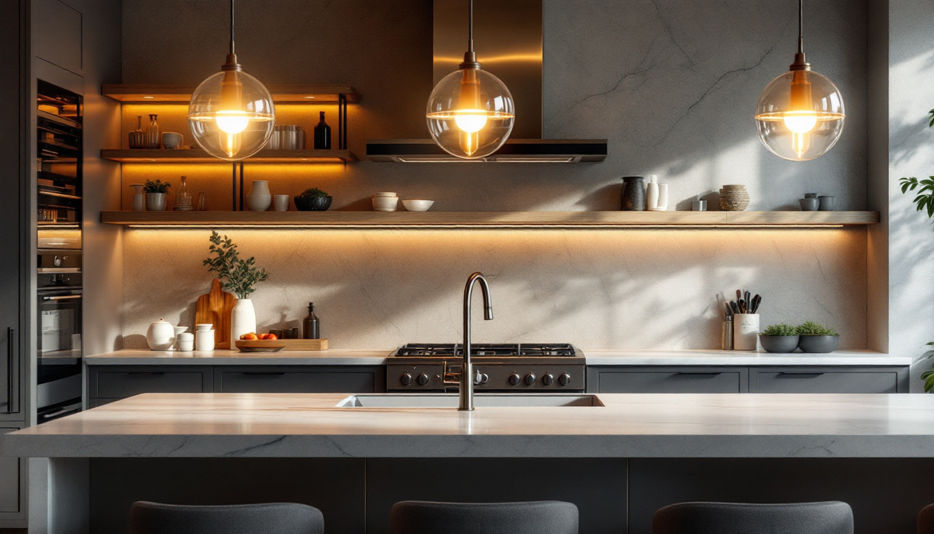A photograph of a beautifully styled kitchen featuring elegant pendant light fixtures