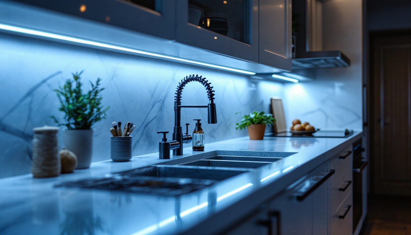 A photograph of a beautifully lit kitchen showcasing under cabinet led lights illuminating the countertop