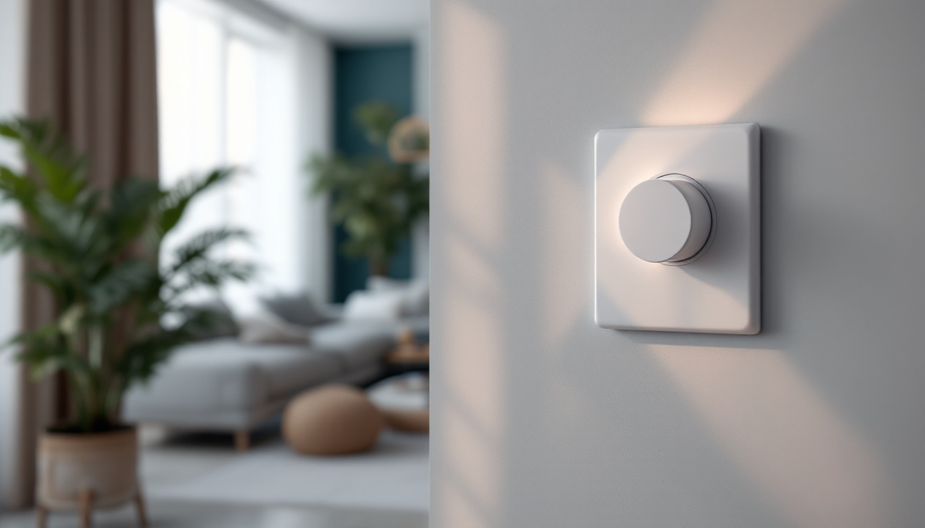 A photograph of a modern dimmable light switch in an aesthetically pleasing interior setting