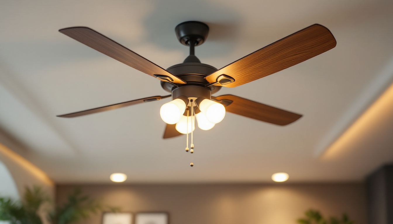 A photograph of a stylish ceiling fan with an integrated lighting fixture