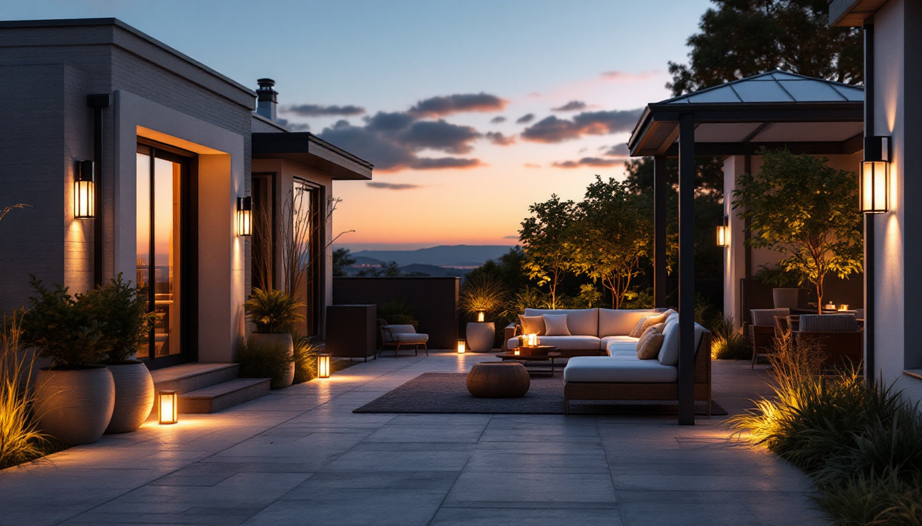 A photograph of a beautifully illuminated outdoor space featuring a variety of stylish exterior lighting fixtures