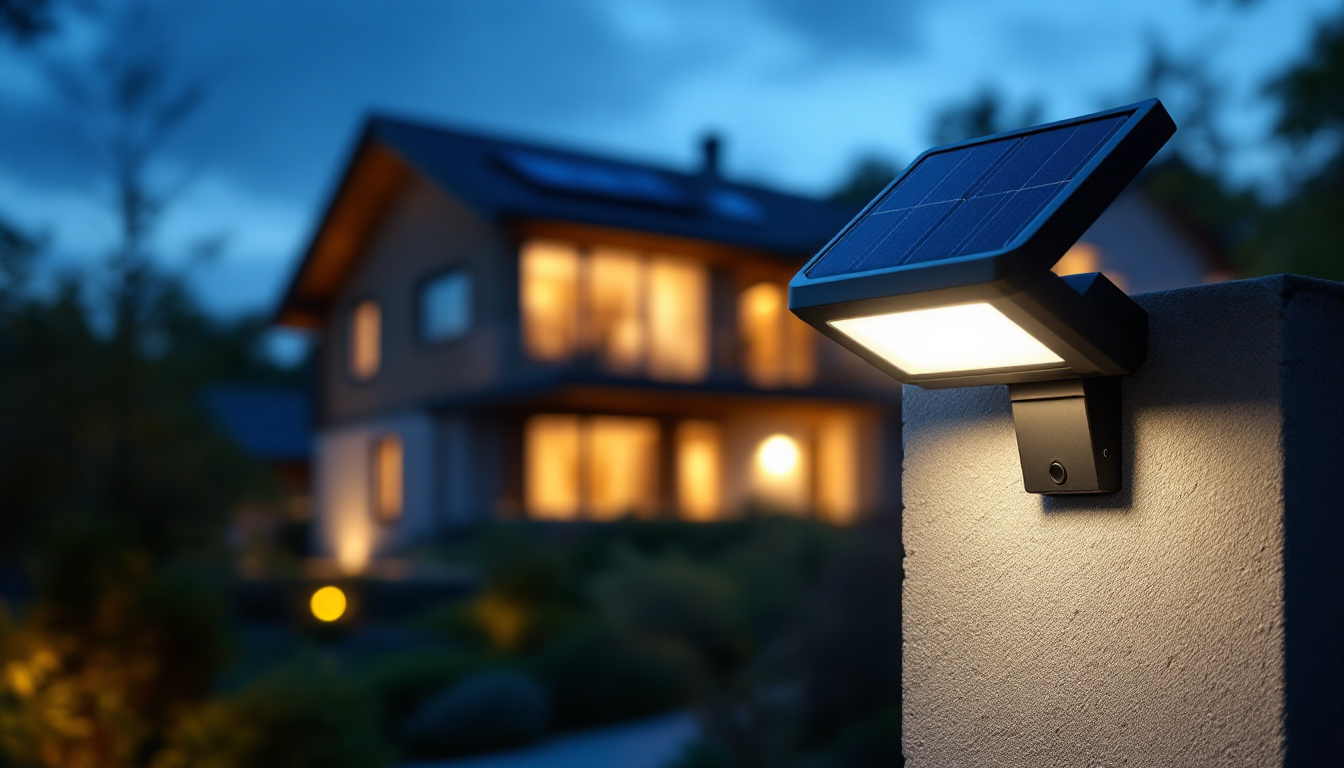 A photograph of a solar security light illuminating a residential outdoor area at dusk