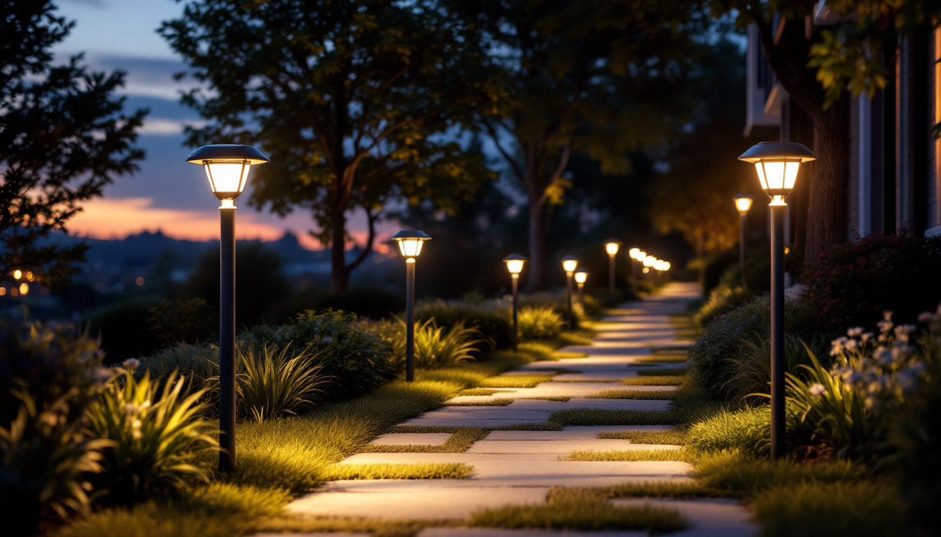 A photograph of a well-lit pathway showcasing solar walkway lights in an outdoor setting during twilight