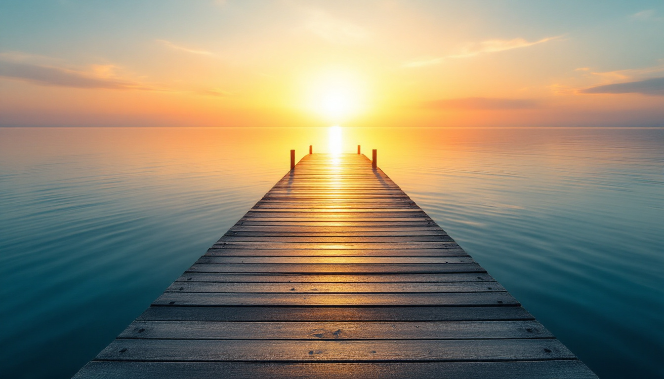 A photograph of a serene dock extending into a tranquil body of water