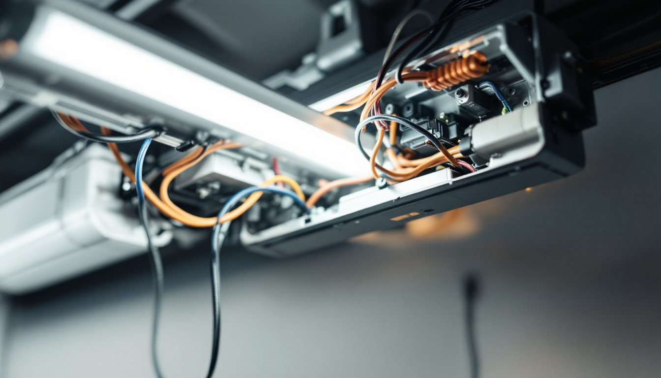 A photograph of a close-up of a fluorescent light fixture with its ballast exposed
