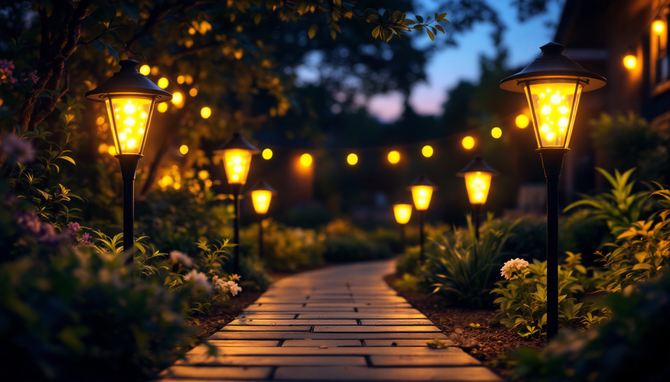 A photograph of a beautifully illuminated outdoor space featuring solar-powered lights in various settings